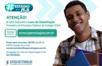 Arte gráfica do processo seletivo de estágio da JT8, com prazos e datas das listas de selcionados.