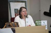 foto mostra a palestrante Irina Bacci sentada, falando ao microfone no auditório do TRT-8. Mulher branca, de 