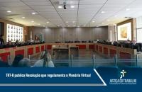 A foto mostra os desembargadores reunidos no Plenário do TRT-8