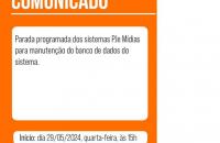 Arte gráfica nas cores branca e laranja. À esquerda o texto: Comunicado. Parada programada dos sistemas PJe Mídias para manutenç