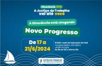 #Paratodosverem: Arte gráfica com fundo azul, centralizado no cabeçalho, o texto: Itinerância TRT-8. A Justiça do Trabalho vai a