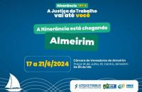 #Paratodosverem: Arte gráfica com fundo azul, centralizado no cabeçalho, o texto: Itinerância TRT-8. A Justiça do Trabalho vai a