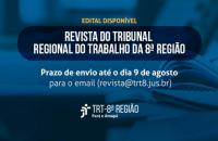 Arte gráfica com fundo azul escuro, sobre ele, as informações de prazo e meio de envio de artigos para a revista do TRT-8.