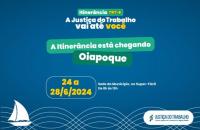 Arte gráfica com as informações sobre local e hora de atendimento da Justiça Itinerante no Oiapoque