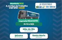 Ilustração azul escuro com a fotografia da Carreta do TRT-8 ao centro. Abaixo, as informações da itinerância, de 24 a 28 