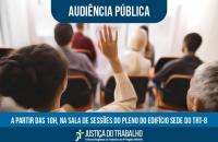  Arte gráfica que reúne pessoas em ambiente fechado. Centralizado no topo o texto: Audiência Pública. Centralizado no rodapé o t