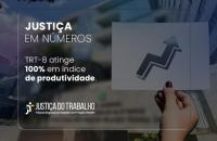 #Paratodosverem: Arte gráfica com a fachada do TRT-8, em cima o texto Justiça em números: TRT-8 atinge 100% em índice de produti