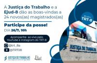 Arte gráfica com o texto: A Justiça do Trabalho e a EJUD8 dão as boas-vindas a 24 novos e novas magistrados e magistradas.