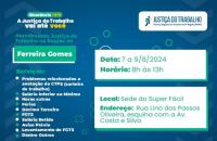 #ParaTodosVerem: Arte gráfica com fundo azul escuro, no lado esquerdo o texto: Itinerância TRT8, A justiça do Trabalho vai até v