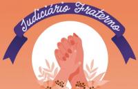 Arte gráfica com fundo laranja, na parte superioruma faixa roxa com o texto: Juduciário Fraterno. Abaixo um cír