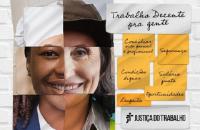 #ParaTodosVerem: Colagem de 6 tipos de rostos e detalhes de mulheres diferentes. Ao lado em destaque o tema: Trabalho Decente pa