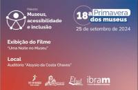 #ParaTodosVerem: Arte gráfica com fundo azul e rosa e letras brancas. Na parte superior, o texto: 18ª Primavera dos museus. Abai