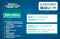 #ParaTodosVerem: Arte gráfica com fundo azul escuro, no lado esquerdo o texto: Itinerância TRT-8, A justiça do Trabalho vai até 