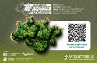 Arte gráfica, ao fundo a imagem do Rio. No topo, em letras brancas, o texto: Seminário Mudanças Climáticas e o Trabalho na Amazô