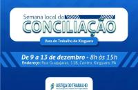 Descrição de imagem: Arte gráfica na cor azul. Na parte superior, o texto: Semana local da conciliação, Vara do Trabalho de Xing