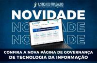 Arte gráfica azul e branco com o texto: Confira a nova página de governança de tecnologia da informação.