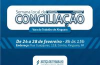 Arte gráfica com as cores azul escuro e branco. Em destaque as informações da Semana Local de Conciliação da Vara de Xinguara.