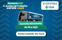 Descrição de imagem: arte gráfica com fundo azul. No card, o texto: Itinerância TRT-8. A justiça do Trabalho vai até você. Carre