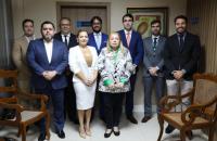 Foto colorida dos participantes da reunião entre TRT-8 e OAB, com destaque, ao centro, para a presidente do TRT, desembargadora 