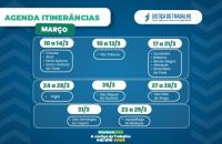 Arte gráfica com fundo azul e com o calendário de Itinerância 