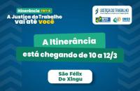 Arte gráfica com texto no cabeçalho a esquerda: Itinerância TRT-8, A Justiça do Trabalho vai até você. No cabeçalho a direita: a