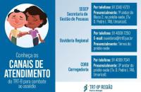 arte gráfica colorida  com as informações dos canais de atendimento do TRT-8 para combate ao assédio.