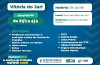 arte gráfica nas cores azul, branca e amarelo. No card estão as informações como local, hora e data da Itinerância.