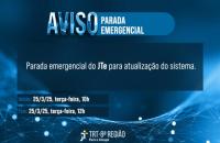 Arte gráfica com fundo azul. No topo a frase: Aviso. Parada emergencial. Embaixo informações contidas no texto. No rodapé a logo