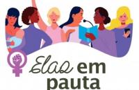 arte gráfica branca com bonecas coloridas. No card, o texto: Elas em pauta