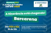#ParaTodosVerem: Arte gráfica nas cores azul, branca e verde. No card, o texto: A itinerância está chegando em Barcarena! No per