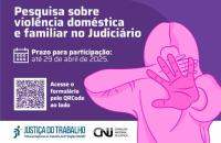 #ParaTodosVerem: Arte gráfica nas cores roxo e rosa. No card, o texto: Pesquisa sobre violência doméstica e familiar no âmbito d