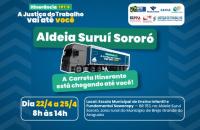 #ParaTodosVerem:  Arte gráfica com fundo azul, centralizado a imagem da carreta itinerante do TRT-8 e as informações de 22 a 25 