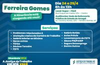 Descrição de imagem: Card nas cores azul, branco, verde e amarelo. Na parte superior o texto: Ferreira Gomes. A Itinerância está
