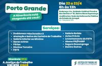 Descrição de imagem: arte gráfica nas cores azul, branco, amarelo e verde. Na parte superior o texto: Porto Grande. A Itinerânci