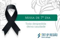 Descrição de imagem: Arte gráfica com fundo branco e desenho de flores. Ao Centro um ícone de luto e o seguinte texto: Miss de 7