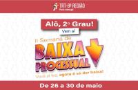 #ParaTodosVerem: Arte gráfica nas cores laranja, branco, roxo e rosa.Texto: Alô, 2º grau! Vem aí! II Semana de baixa processual.