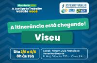 Descrição de imagem: Arte gráfica nas cores azul, verde, branco e amarelo. Na parte superior o texto: Itinerância TRT-8. A Justi