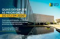  Arte com a foto da fachada do STJ e informações sobre a consulta pública que está aberta até o dia 30 de junho.