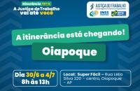 #ParaTodosVerem: Arte gráfica na cores azul, verde, branco e amarelo. No card, o texto: Itinerância TRT-8. A Justiça do Trabalh 