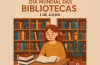Arte gráfica. Uma mulher lê um livro sentada à mesa de uma biblioteca. Há diversas estantes com livros ao fundo.