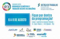 #ParaTodosVerem: Arte gráfica nas cores branco e azul. No card, o texto: Seminário COP30. Mudanças Climátcas e Trabalho Decente 