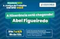 #ParaTodosVerem: Arte gráfica nas cores azul, verde, amarelo e branco. No card, o texto: Itinerância TRT-8. A Justiça do Trabalh