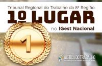 Arte gráfica com as cores amarela e marrom, do lado esquerdo, uma medalha com o número 1. O texto: Tribunal Regional do Trabalho