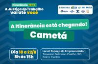 #ParaTodosVerem: Arte gráfica nas cores azul, verde, branco e amarelo. Na parte superior o texto: Itinerância TRT-8. A Justiça d