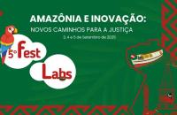 #ParaTodosVerem: Arte gráfica na cor verde. Na parte superior o texto:Amazônia e Inovação: Novos Caminhos para a Justiça. 3,4 e 