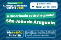Arte gráfica com fundo azul com a frase "A itinerância está chegando em São João do Araguaia" com data 09 e 10/10 e informações