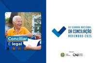 #ParaTodosVerem: arte gráfica nas cores azul e branco. Do lado esquerdo a imagem de um homem com o texto "Conciliar é legal" e d