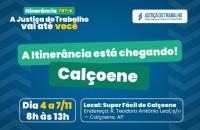 #ParaTodosVerem: Arte gráfica com fundo azul com a frase "A itinerância está chegando! Calçoene." com a data 4 e 7/11, local: Lo