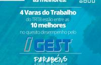 Arte com o fundo azul informando que o TRT8 tem 4 Varas entre as melhores no IGest. 