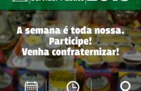 Em fundo de mesa desfocado, está escrita a mensagem: A semana é toda nossa. Participe! Venha Confraternizar!